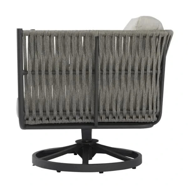 Gray outdoor chair with a white cushion on a white background