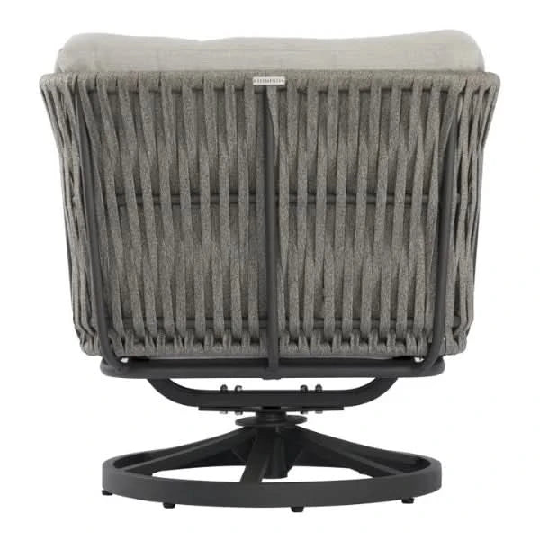 Gray woven outdoor swivel lounge chair with a black metal swivel base and light gray cushioned seat, shown on a white background.