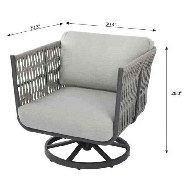 Gray outdoor swivel armchair with woven rope-style sides and light gray cushions, shown with dimension arrows and labels.