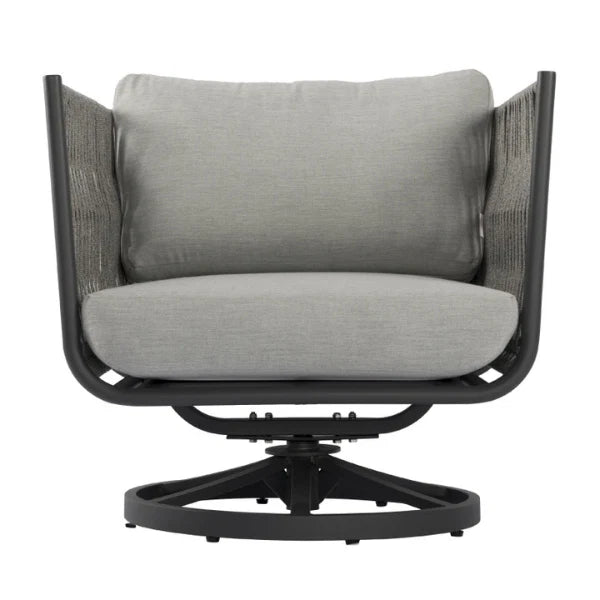 A modern outdoor swivel armchair with a light gray textured fabric seat and back cushion, supported by a black metal frame and circular base on a white background.