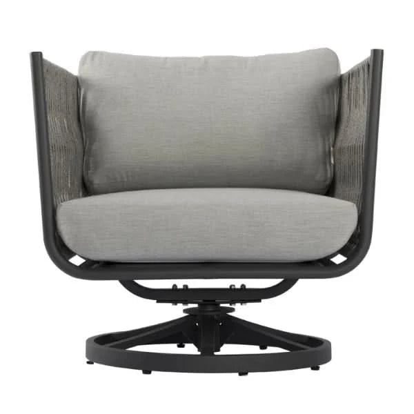 A modern outdoor swivel armchair with a light gray textured fabric seat and back cushion, supported by a black metal frame and circular base on a white background.