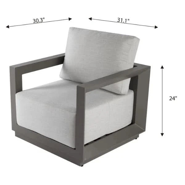 Lounge chair with gray cushions and dimensions labeled on a white background