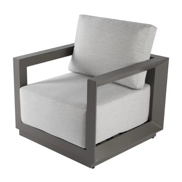 Modern lounge chair with gray cushions on a white background