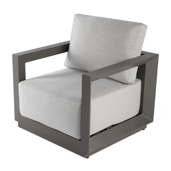 Modern lounge chair with gray cushions on a white background