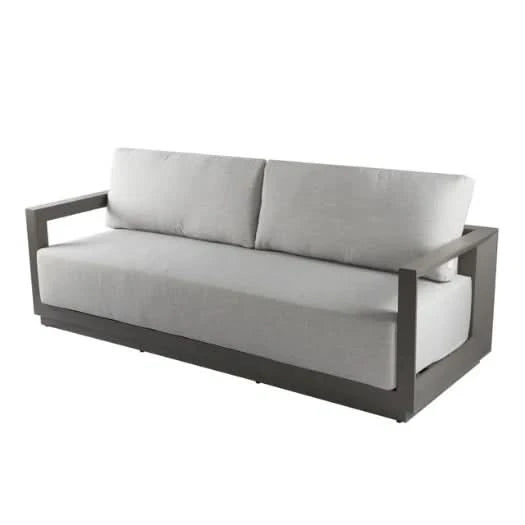 Gray outdoor sofa with cushions on a white background