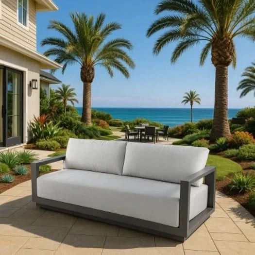 Outdoor patio with a sofa, table, and chairs overlooking the ocean with palm trees.