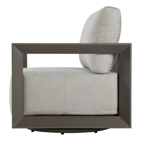 Side view of a swivel chair with a gray aluminum frame on a white background