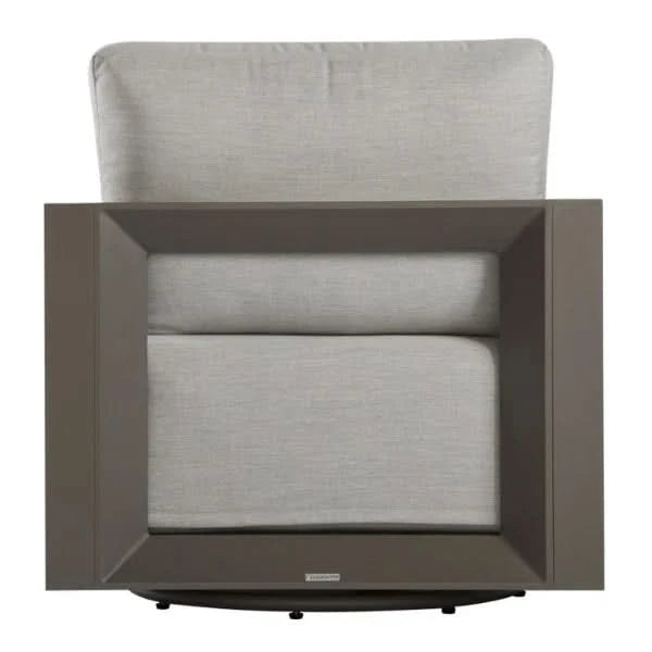 A modern swivel armchair with a light gray textured fabric upholstery and a dark gray geometric frame, shown against a plain white background.