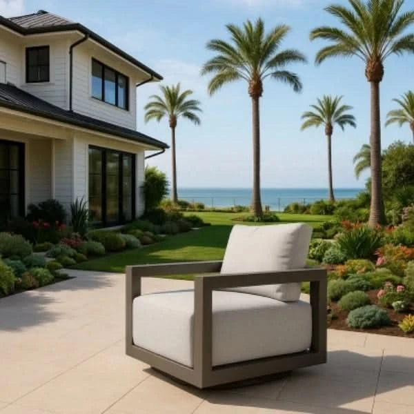 Modern outdoor swivel chair with white cushions in a garden setting with palm trees and a house.
