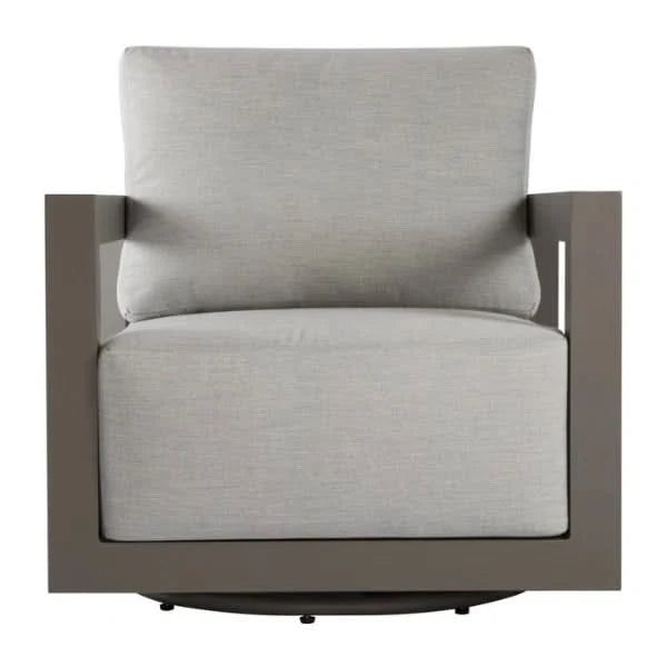 Gray swivel armchair with a light gray frame on a white background