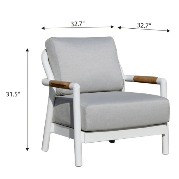 A white armchair with light gray cushions and brown wooden arm accents, shown with dimension arrows and labels.