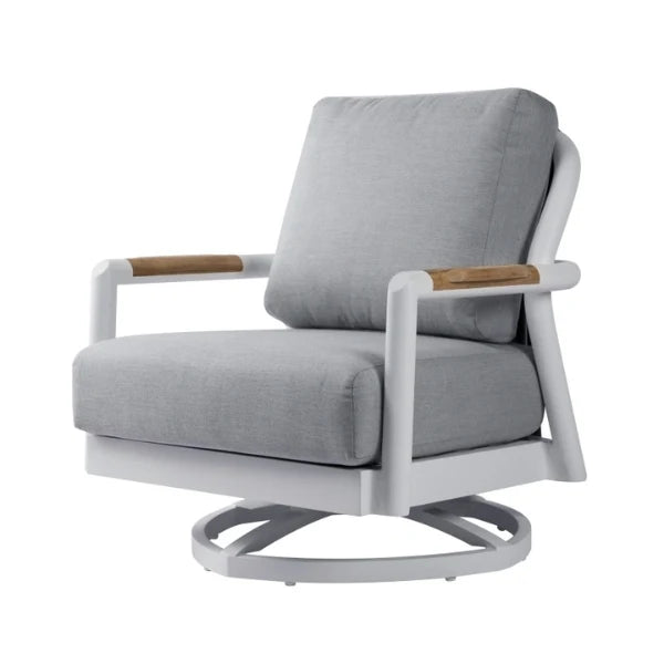 A modern swivel armchair with light gray fabric cushions, a white frame, and light brown wood accents on the armrests, shown against a plain white background.