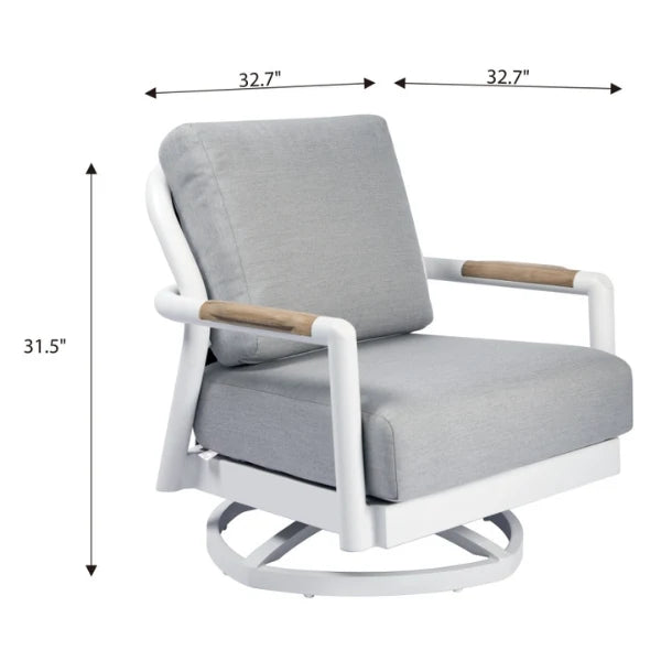Gray cushioned chair with white frame and wooden armrests, shown with dimensions on a white background.