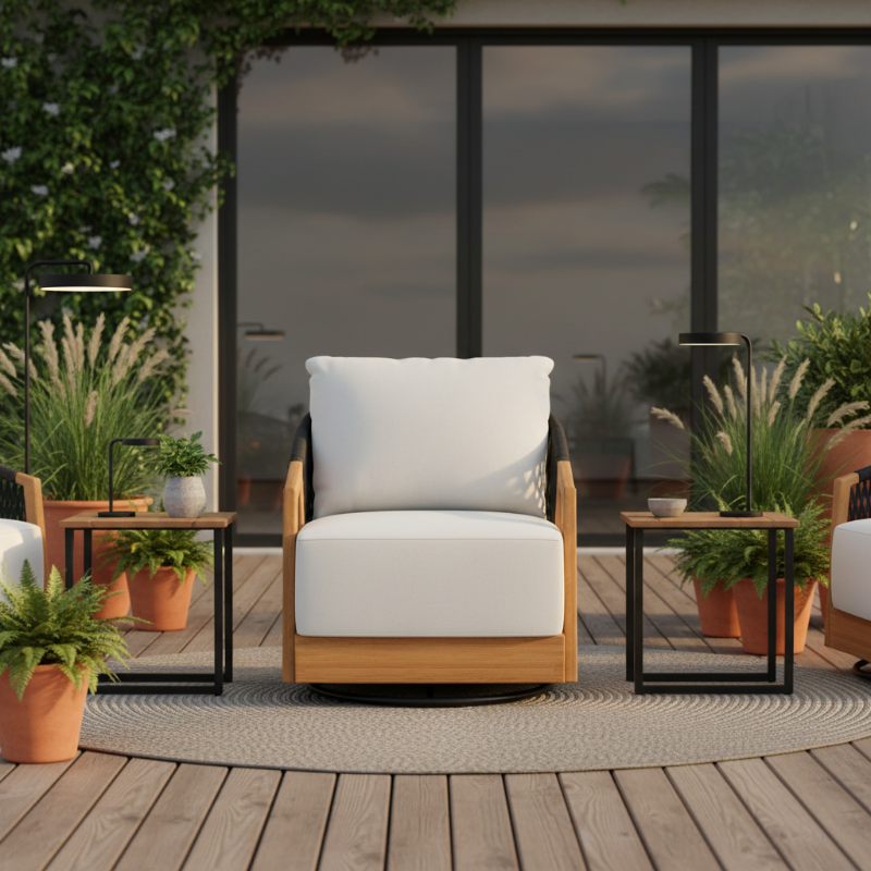 Lloyd Flanders Alpine Teak Rope Outdoor Swivel Lounge Chair