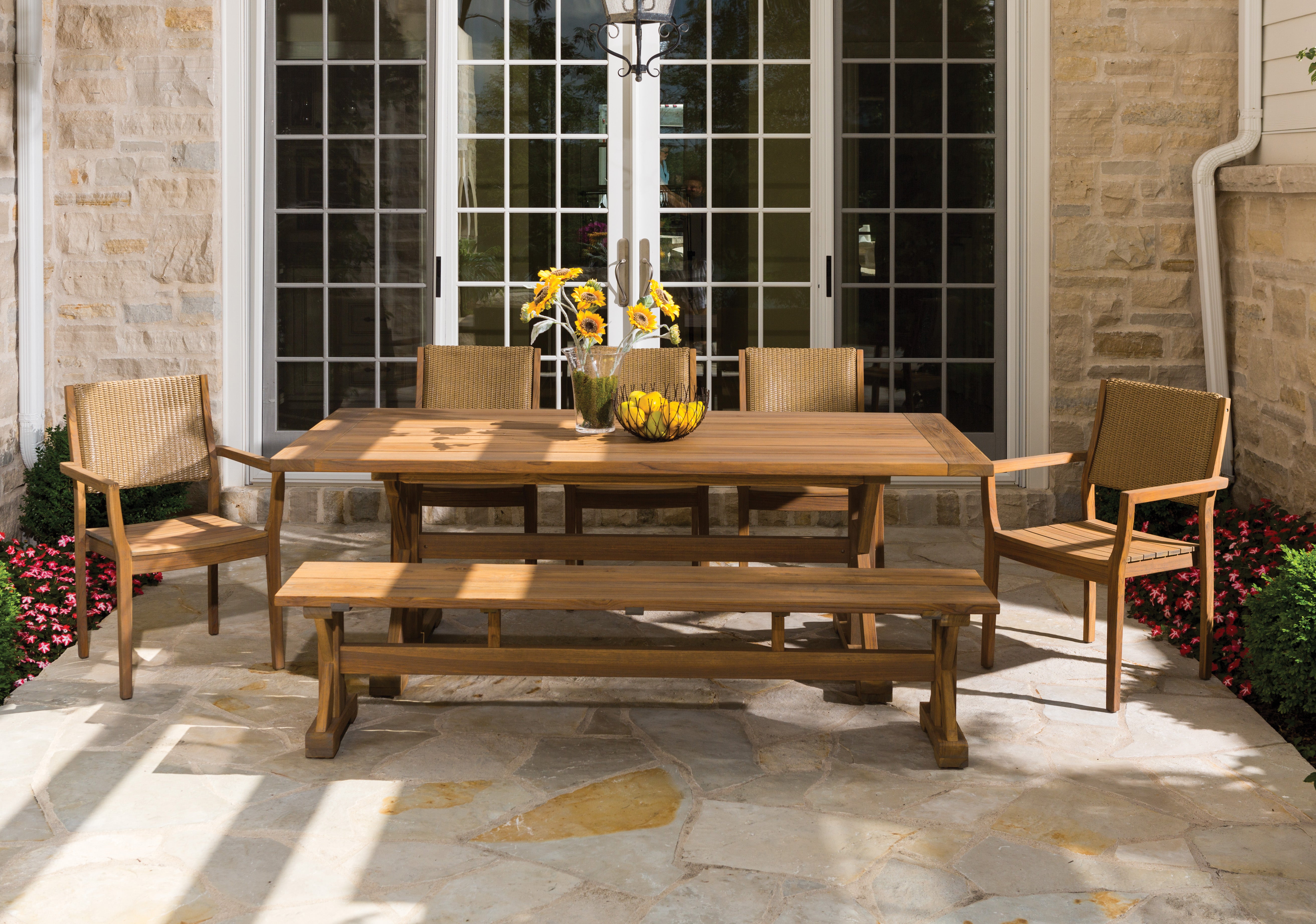Lloyd Flanders Teak Loom Back Outdoor Dining Armchair