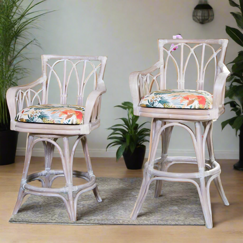 Alexander & Sheridan Cuba 24" Rattan Indoor Bar Stool with Arms and Cushion