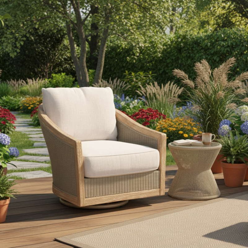 Sunset West Cambria Teak and Wicker Outdoor Swivel Club Chair