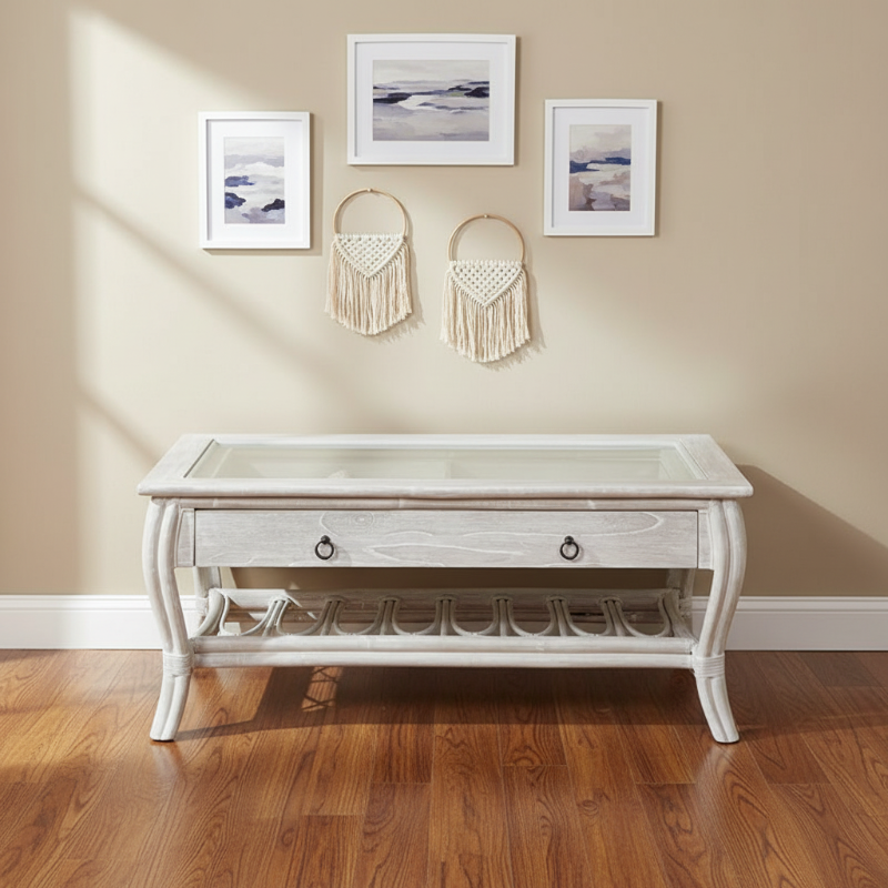Alexander & Sheridan Cuba Rattan Indoor Cocktail Table with Glass Top and Drawer