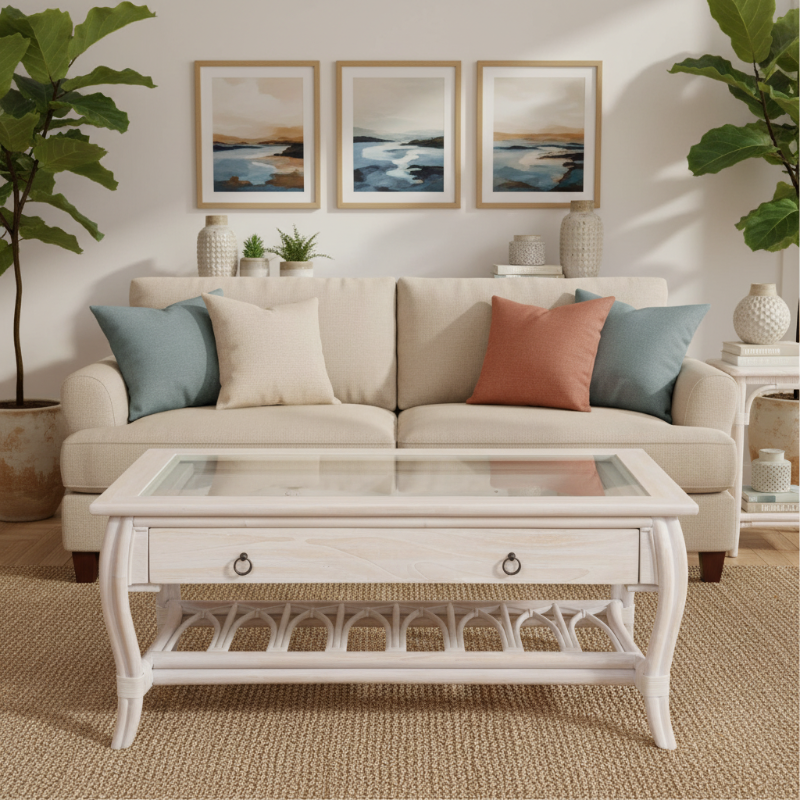 Alexander & Sheridan Cuba Rattan Indoor Cocktail Table with Glass Top and Drawer