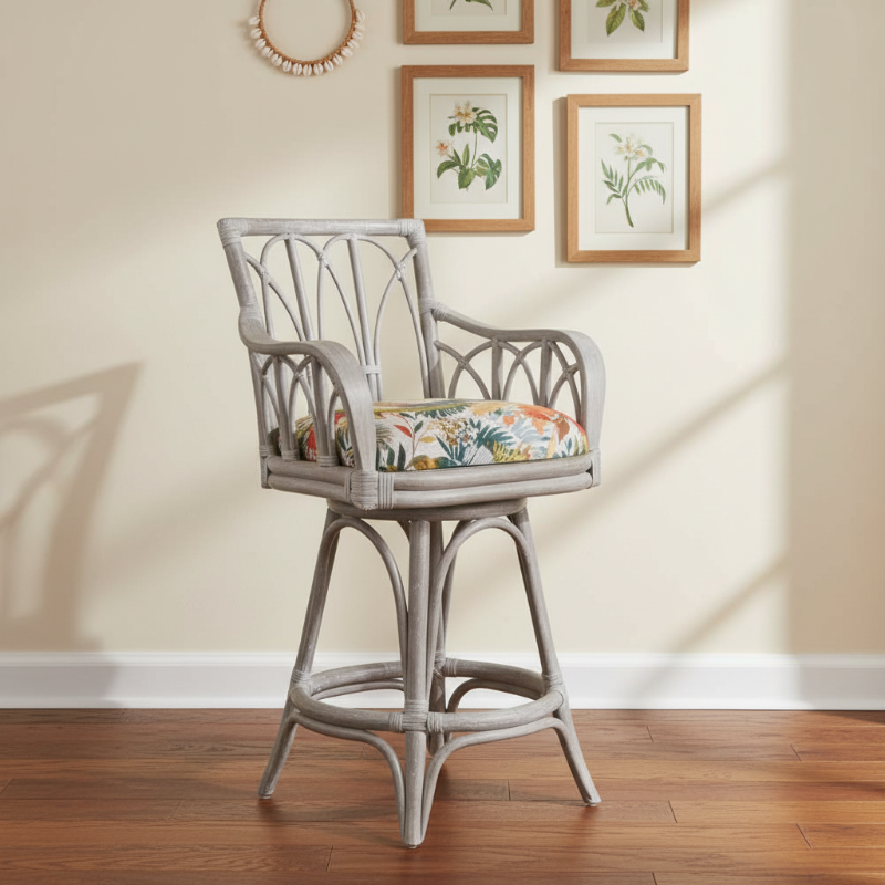 Alexander & Sheridan Cuba 24" Rattan Indoor Bar Stool with Arms and Cushion
