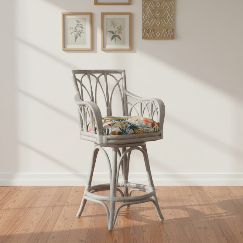 Alexander & Sheridan Cuba 24" Rattan Indoor Bar Stool with Arms and Cushion