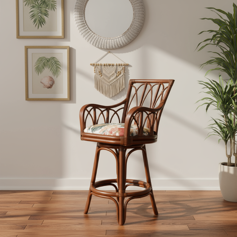 Alexander & Sheridan Cuba 24" Rattan Indoor Bar Stool with Arms and Cushion