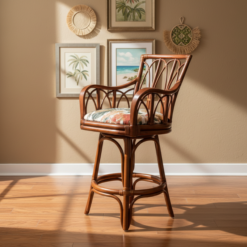Alexander & Sheridan Cuba 24" Rattan Indoor Bar Stool with Arms and Cushion