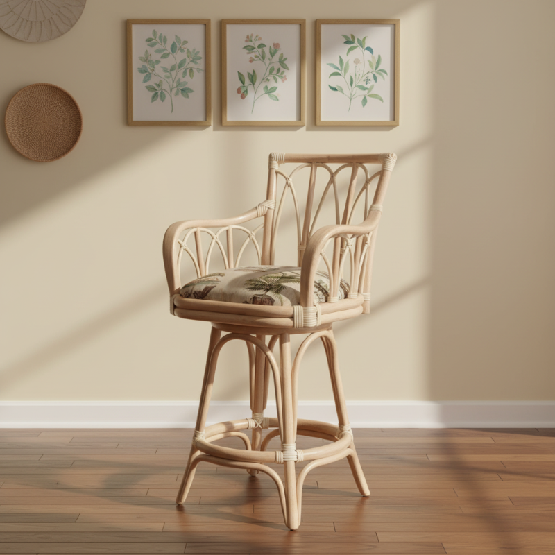 Alexander & Sheridan Cuba 24" Rattan Indoor Bar Stool with Arms and Cushion