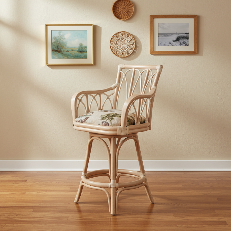 Alexander & Sheridan Cuba 24" Rattan Indoor Bar Stool with Arms and Cushion