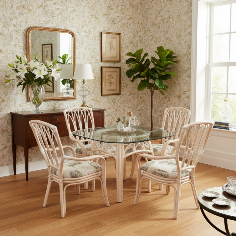Alexander & Sheridan Cuba Rattan Indoor 4-Person Dining Set with Dining Armchairs and Cushions