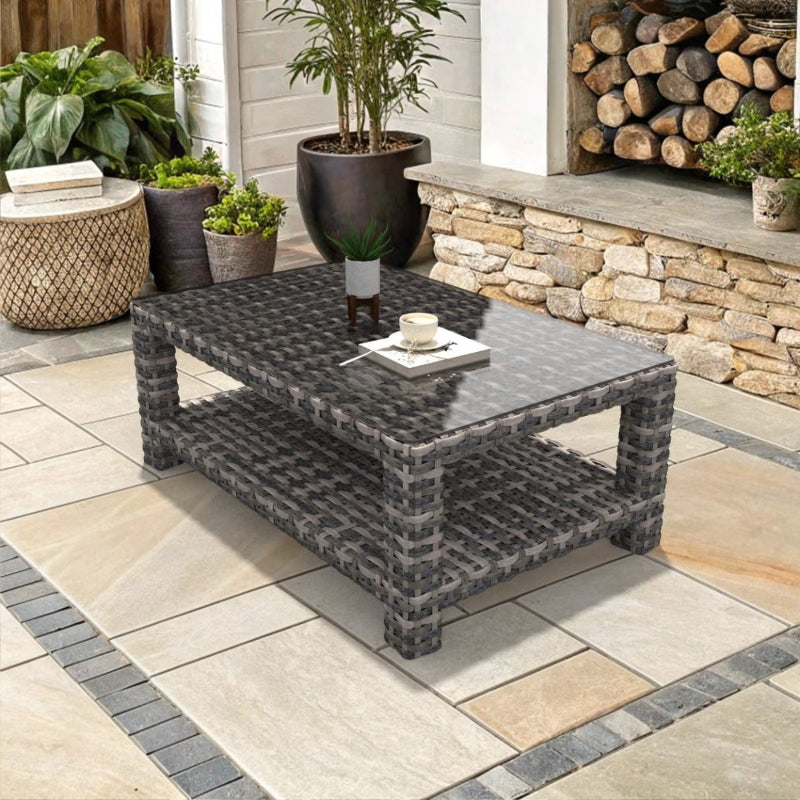Forever Patio Cavalier Wicker Rectangular Coffee Table with Shelf & Glass Top