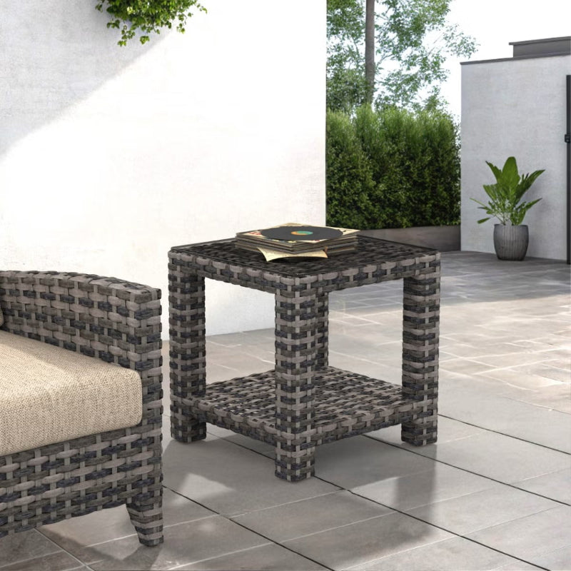 Forever Patio Cavalier Wicker Outdoor End Table with Shelf and Glass Top