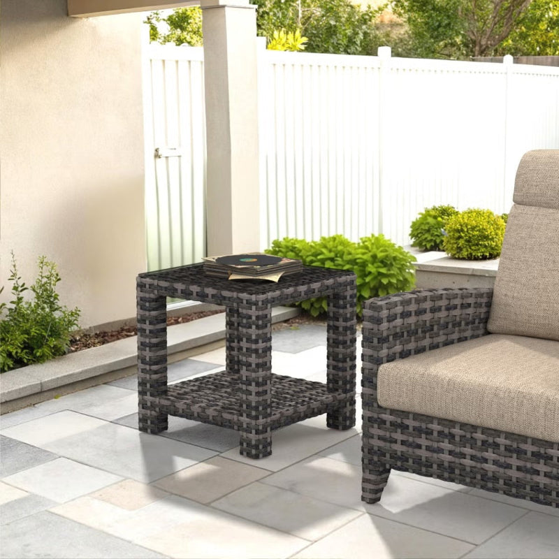 Forever Patio Cavalier Wicker Outdoor End Table with Shelf and Glass Top