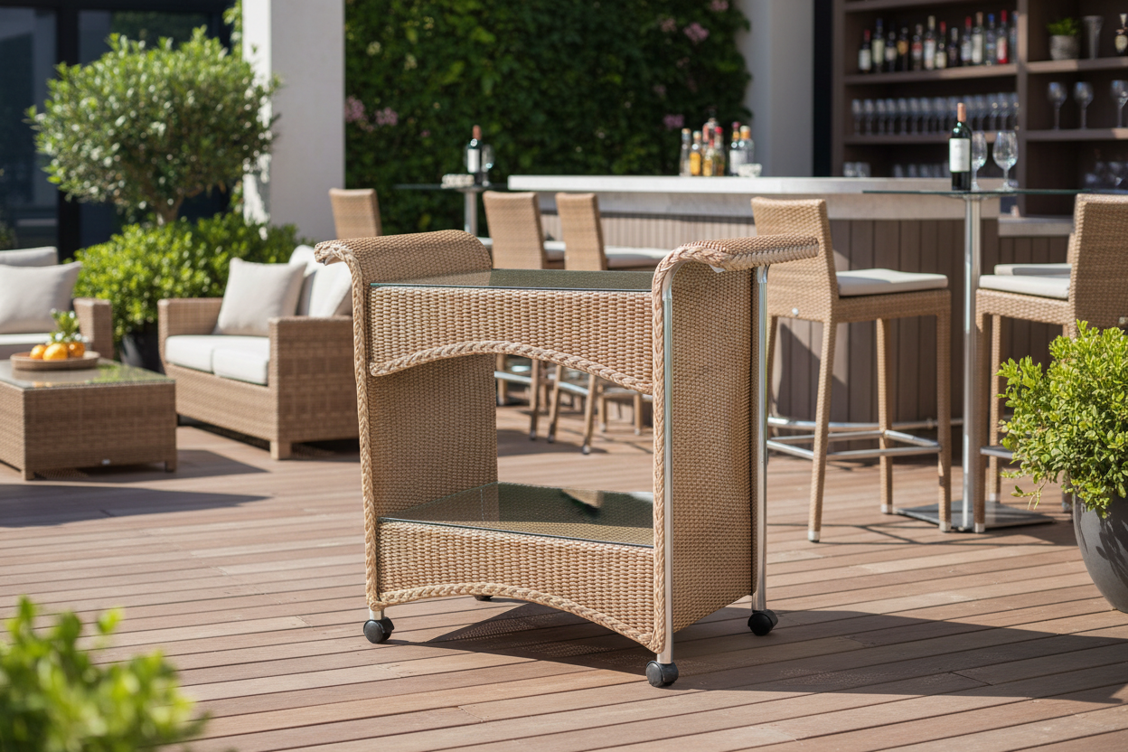 Lloyd Flanders Loom Wicker Outdoor Castered Bar Cart