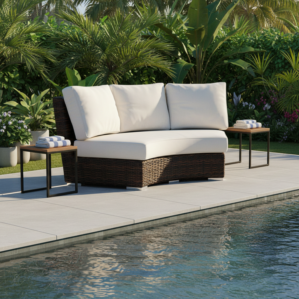 Sunset West Montecito Wicker Outdoor Curved Loveseat in Canvas Flax w/ Self Welt
