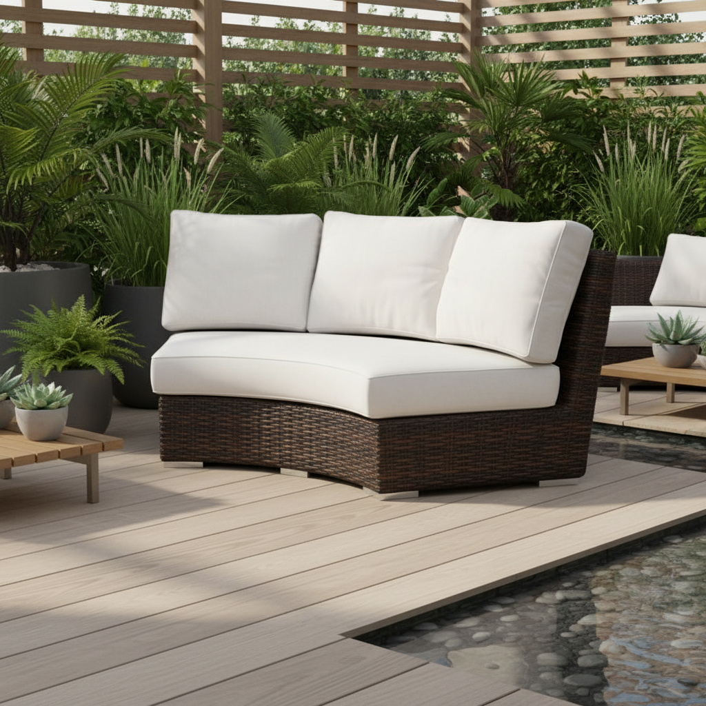 Sunset West Montecito Wicker Outdoor Curved Loveseat in Canvas Flax w/ Self Welt