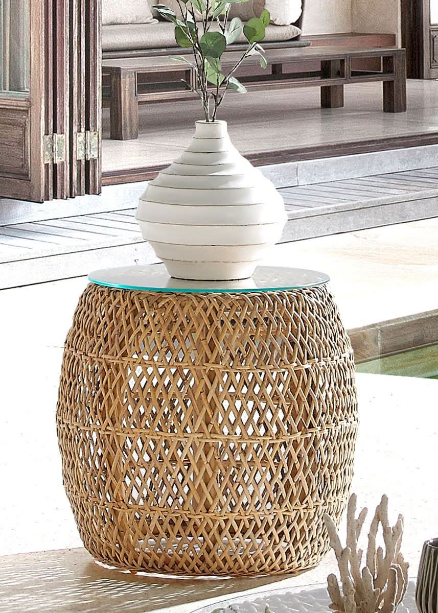 Panama Jack Sumatra Outdoor Wicker End Table w/Glass