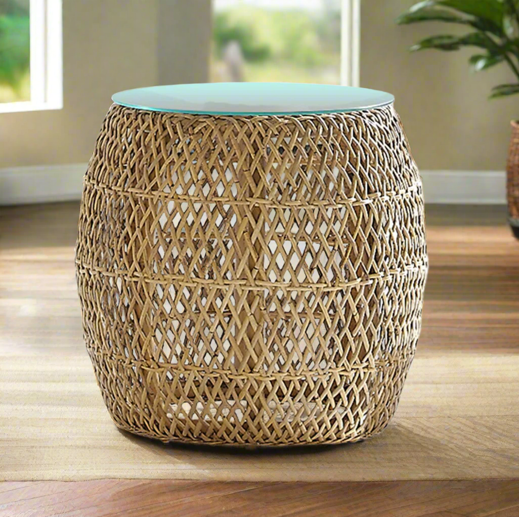 Panama Jack Sumatra Outdoor Wicker End Table w/Glass