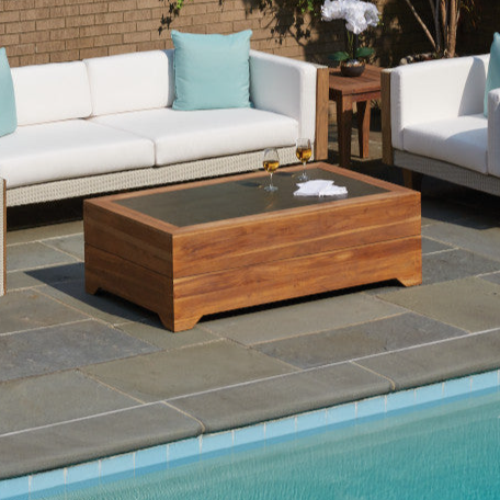 Lloyd Flanders Teak Outdoor 54" Cocktail Table with Faux Concrete Inset