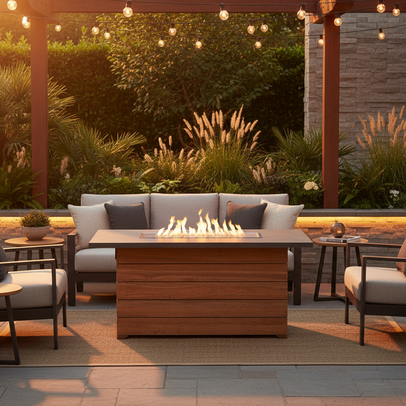 Lloyd Flanders Teak Outdoor 50" Rectangular Fire Table with Faux Concrete Top