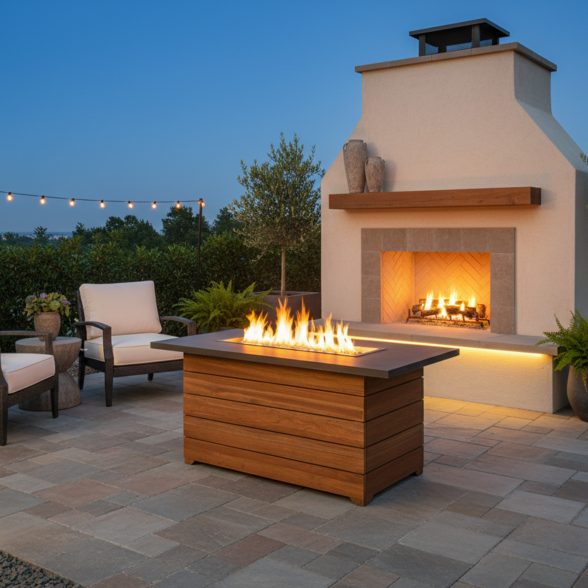 Lloyd Flanders Teak Outdoor 50" Rectangular Fire Table with Faux Concrete Top