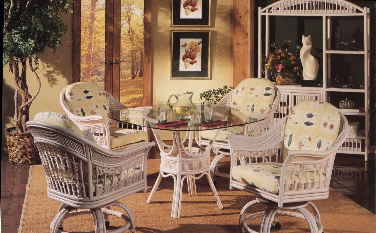 South Sea Rattan Bermuda Wicker Indoor 4-Person Dining Room Set With Swivel Caster Chairs