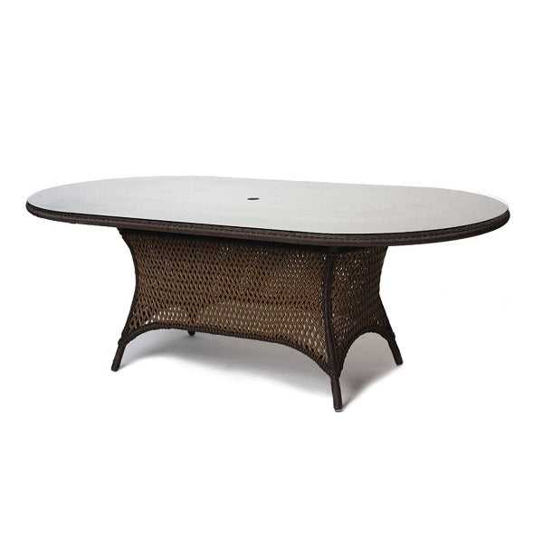 Lloyd Flanders Grand Traverse Wicker Umbrella Dining Table 84" Oval With Lay on Glass