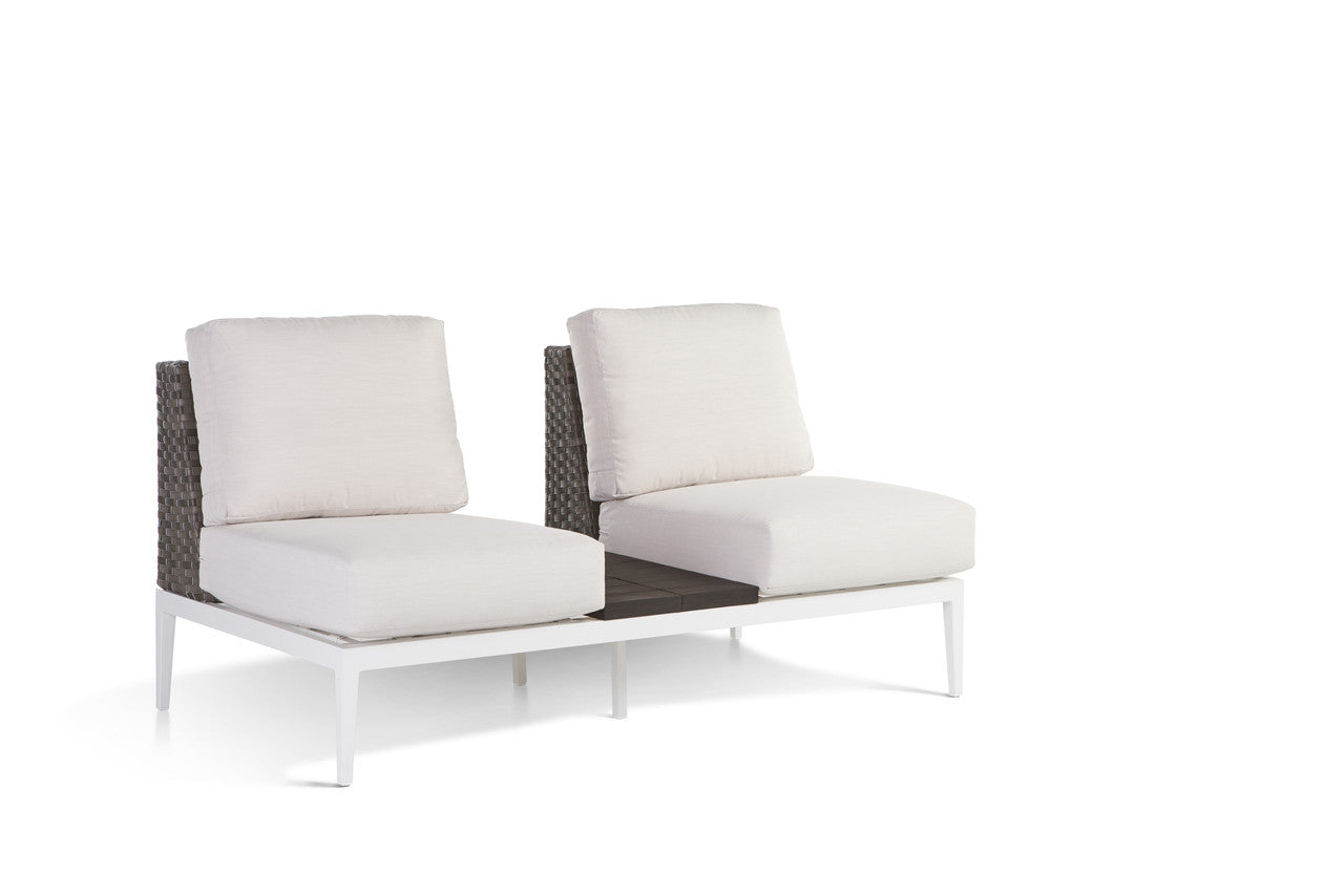 A loveseat with white cushions and an aluminum base, designed for outdoor patio seating.