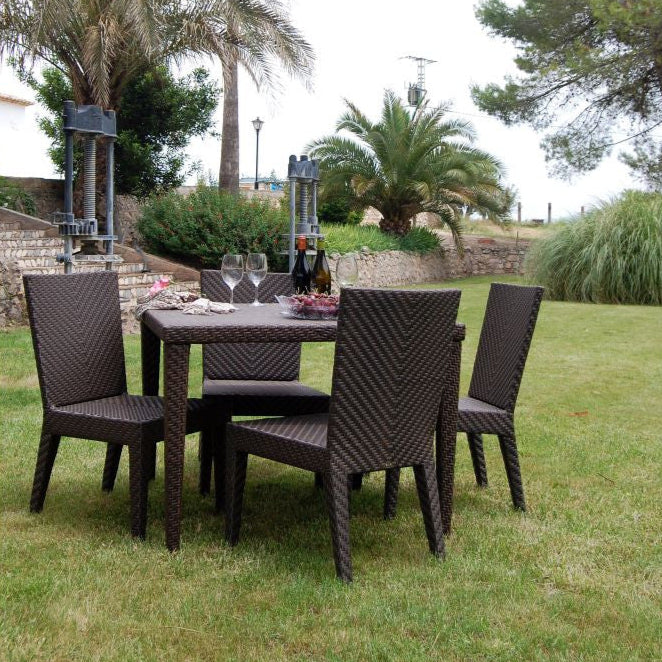 Hospitality Rattan Atlantis Wicker Outdoor 4-Person Square Dining Side Chair Set with Cushions