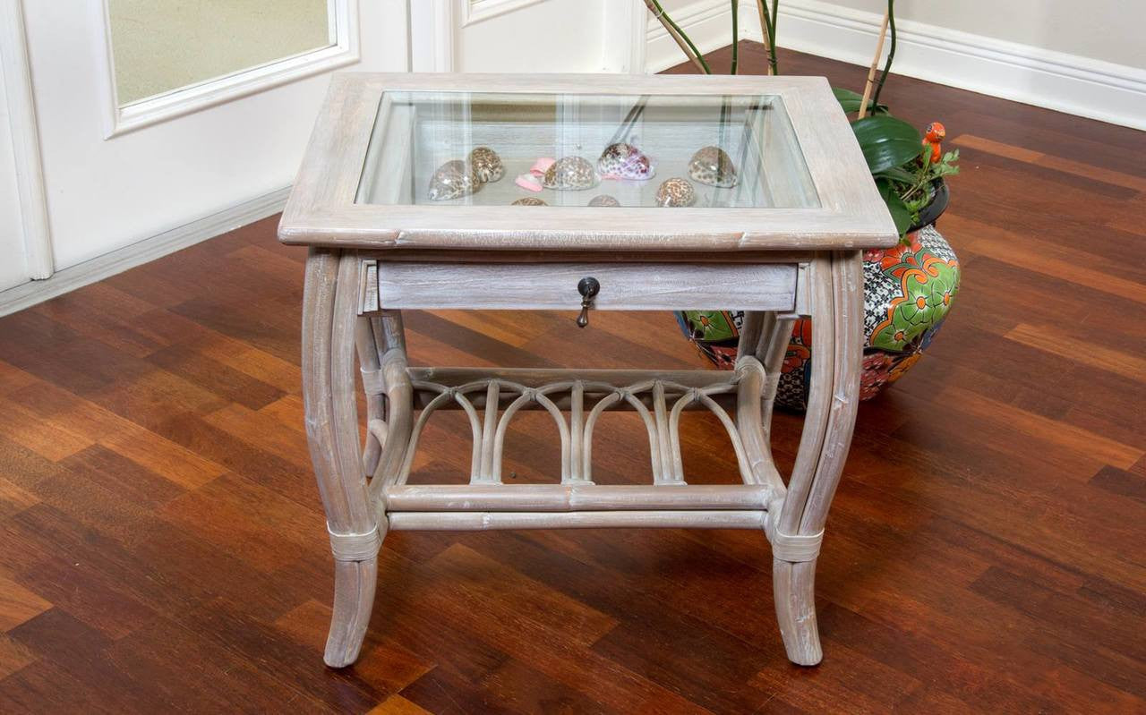 Alexander & Sheridan Cuba Rattan Indoor End Table With Glass And Drawer