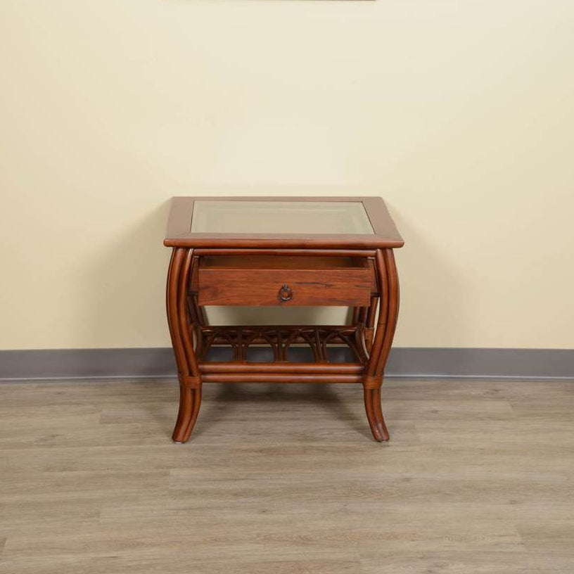 Alexander & Sheridan Cuba Rattan Indoor End Table with Glass Top and Drawer