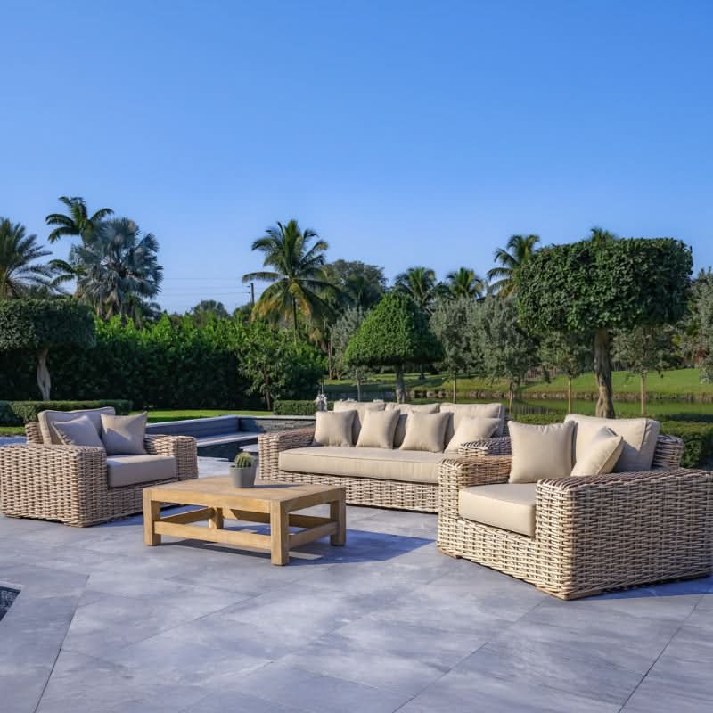 OUTSY Anna LUX 4-Piece Outdoor Wicker Aluminum Frame Furniture Set with Wood Coffee Table in White - Grey - side view