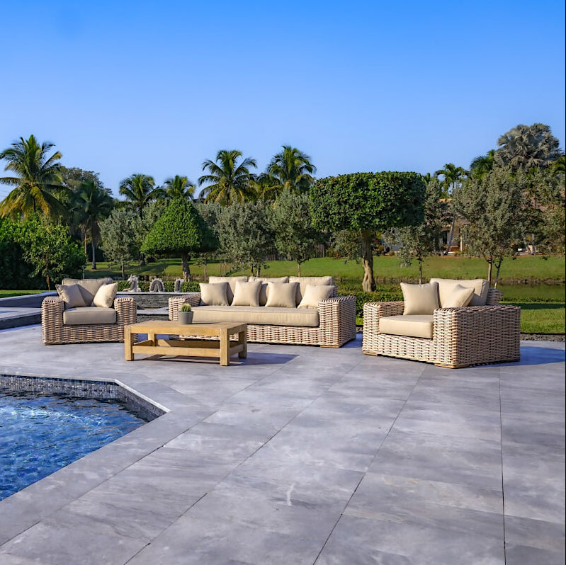 OUTSY Anna LUX 4-Piece Outdoor Wicker Aluminum Frame Furniture Set with Wood Coffee Table in White Grey - with XL sun lounger