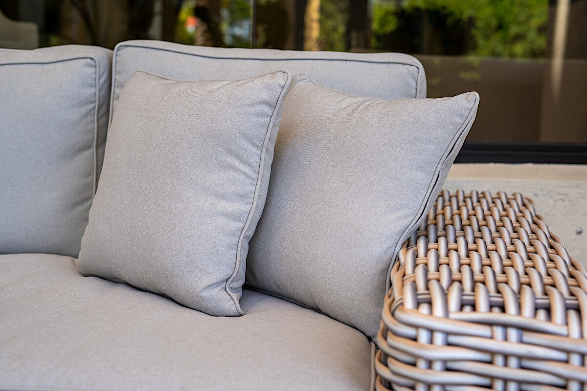 OUTSY Anna LUX 4-Piece Outdoor Wicker Aluminum Frame Furniture Set with Wood Coffee Table in White Grey - throw pillows